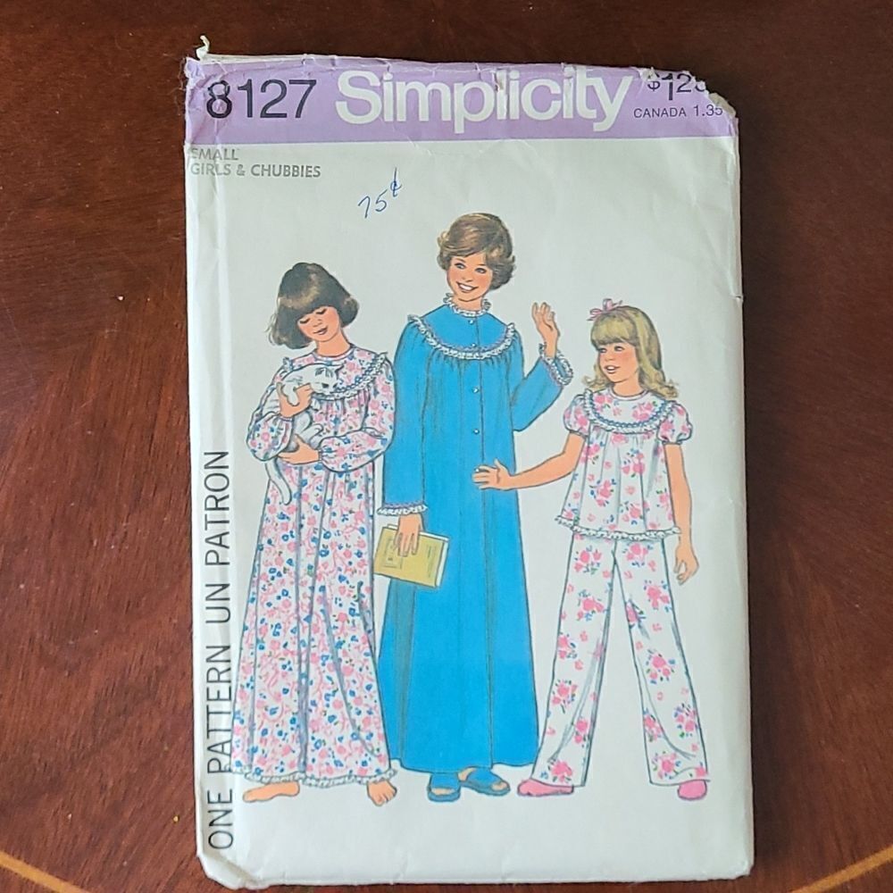 3/$15 vintage 1977Girls Nightgown PJs Robe Simplicity Sewing Pattern 8127 small 
